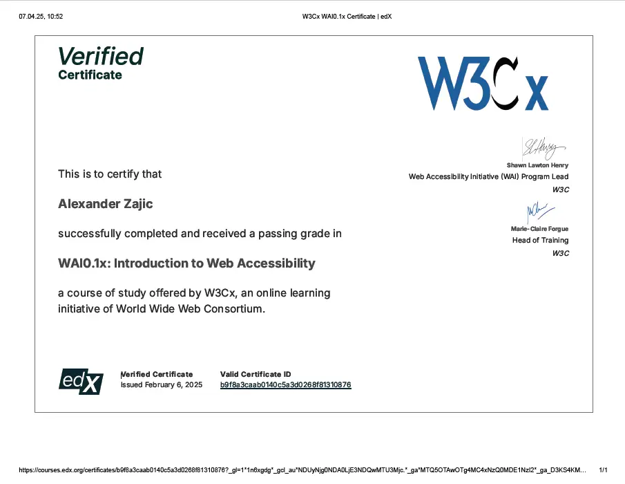 Introduction to Web Accessibility certificate W3Cx
