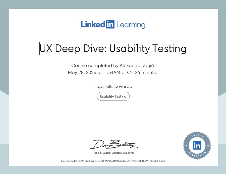 Usability Testing UX Certificate, LinkedIn