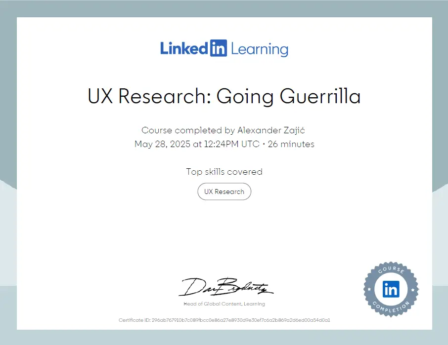Going Guerrilla UX Certificate, LinkedIn